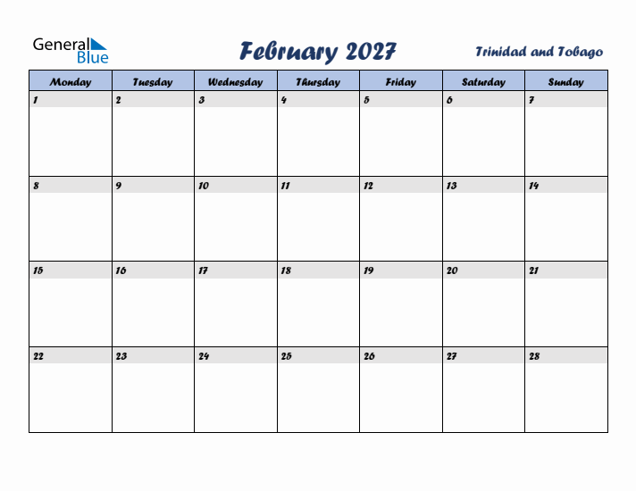 February 2027 Calendar with Holidays in Trinidad and Tobago