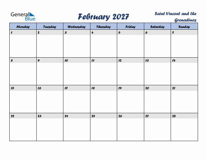 February 2027 Calendar with Holidays in Saint Vincent and the Grenadines
