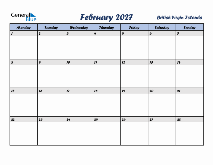 February 2027 Calendar with Holidays in British Virgin Islands
