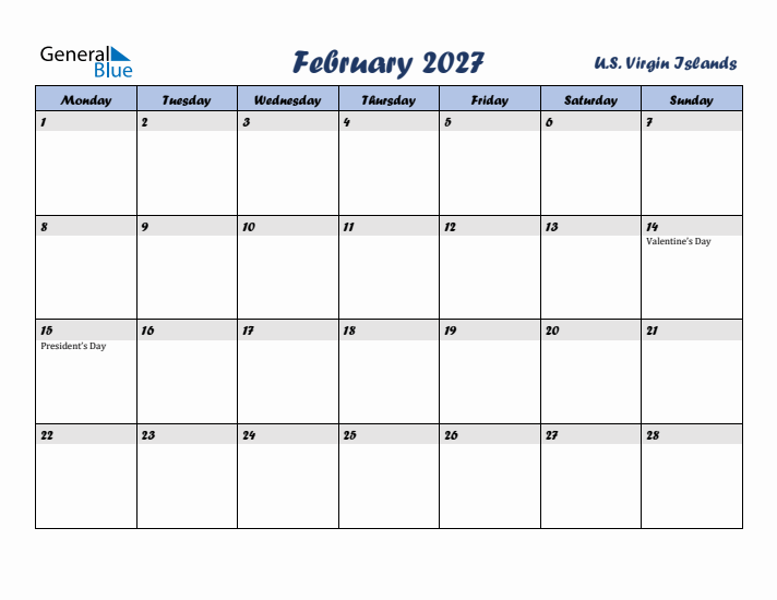 February 2027 Calendar with Holidays in U.S. Virgin Islands
