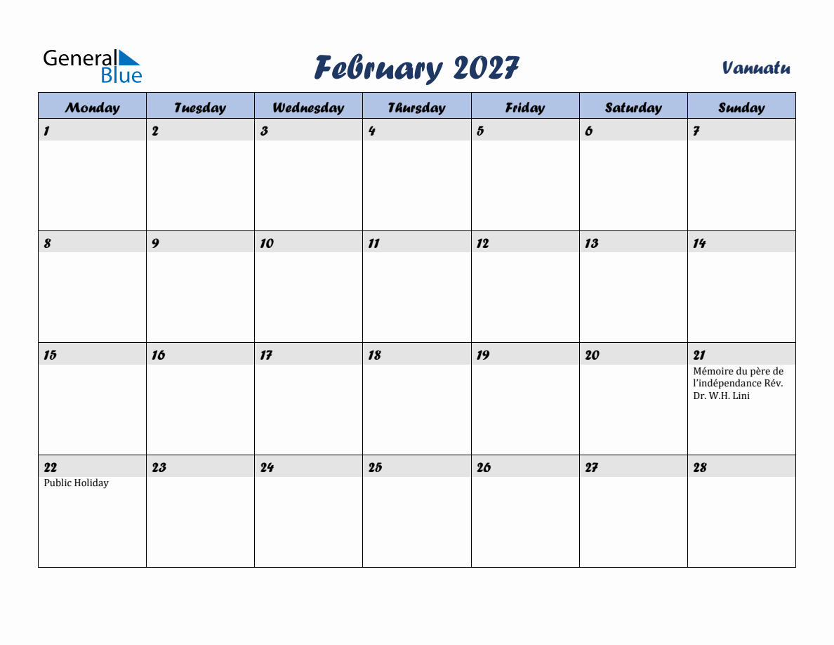 February 2027 Monthly Calendar Template with Holidays for Vanuatu ...