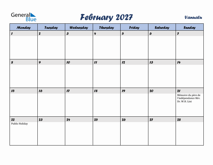 February 2027 Calendar with Holidays in Vanuatu