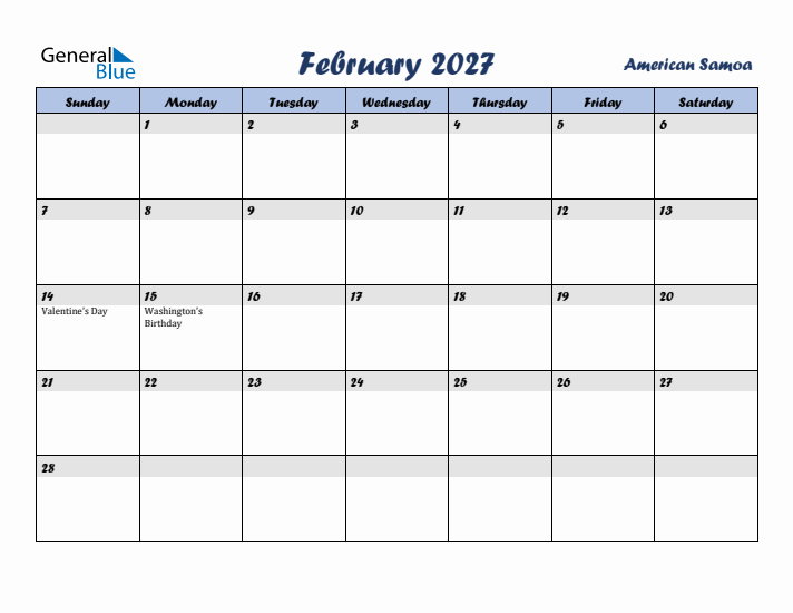February 2027 Calendar with Holidays in American Samoa
