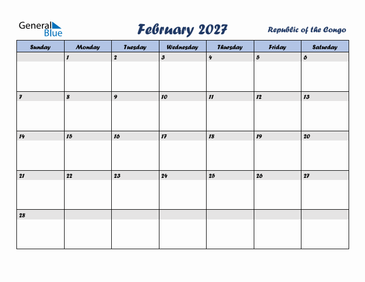 February 2027 Calendar with Holidays in Republic of the Congo
