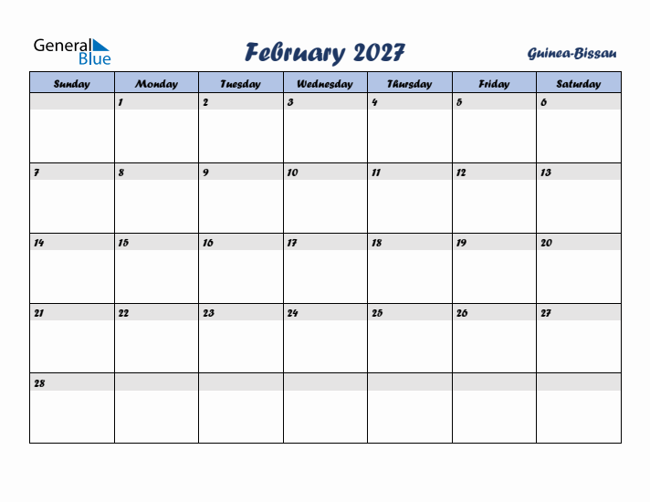 February 2027 Calendar with Holidays in Guinea-Bissau