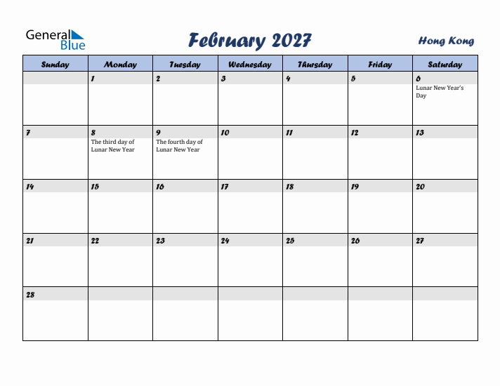 February 2027 Calendar with Holidays in Hong Kong