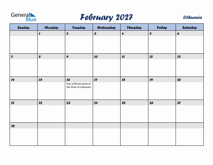 February 2027 Calendar with Holidays in Lithuania