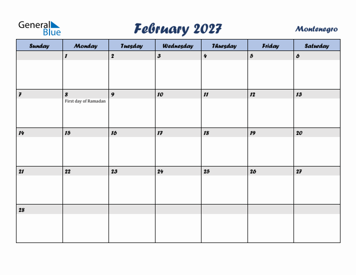 February 2027 Calendar with Holidays in Montenegro