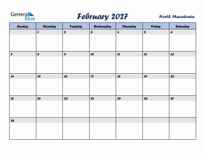 February 2027 Calendar with Holidays in North Macedonia