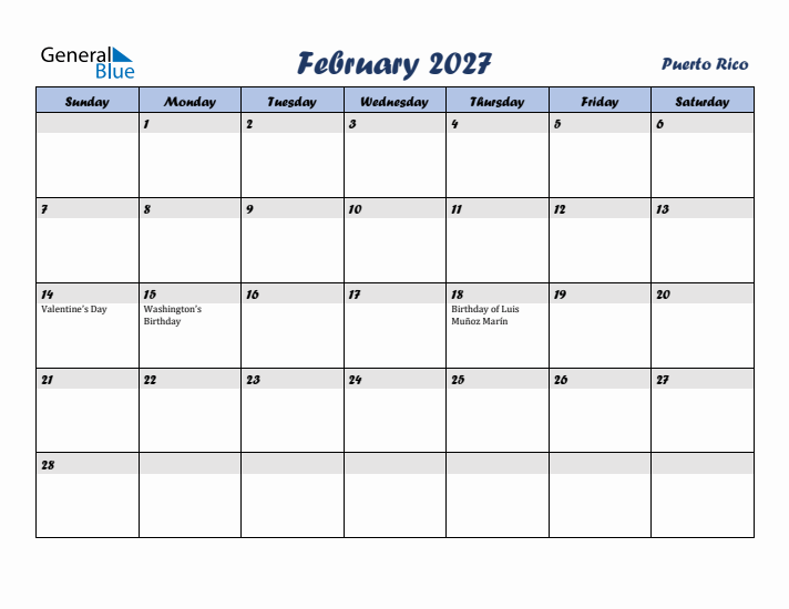February 2027 Calendar with Holidays in Puerto Rico