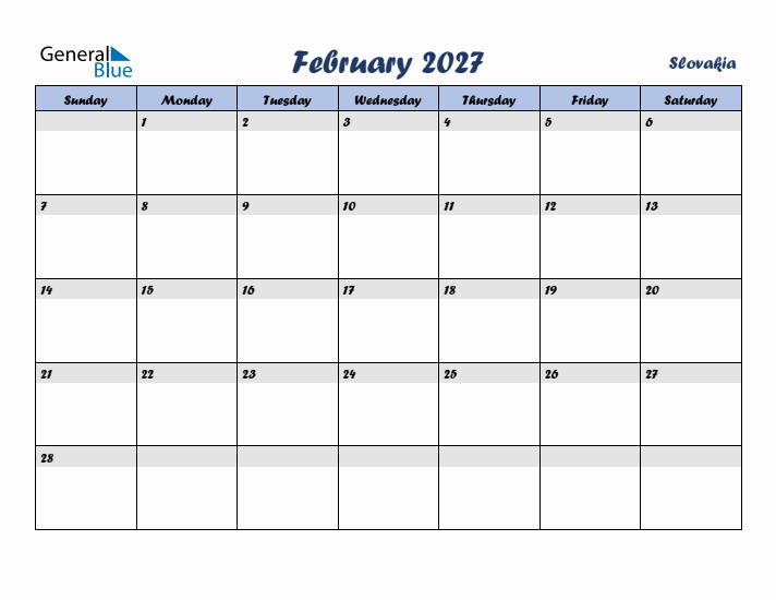 February 2027 Calendar with Holidays in Slovakia