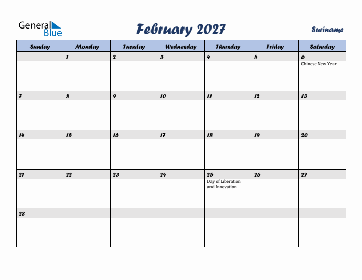 February 2027 Calendar with Holidays in Suriname