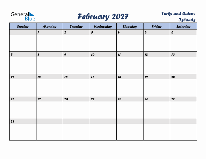 February 2027 Calendar with Holidays in Turks and Caicos Islands