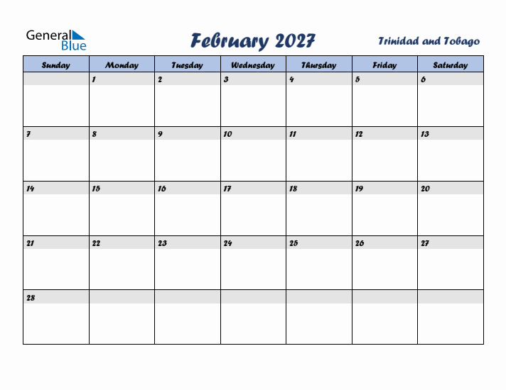 February 2027 Calendar with Holidays in Trinidad and Tobago