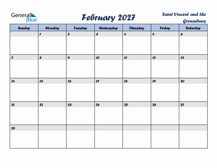 February 2027 Calendar with Holidays in Saint Vincent and the Grenadines