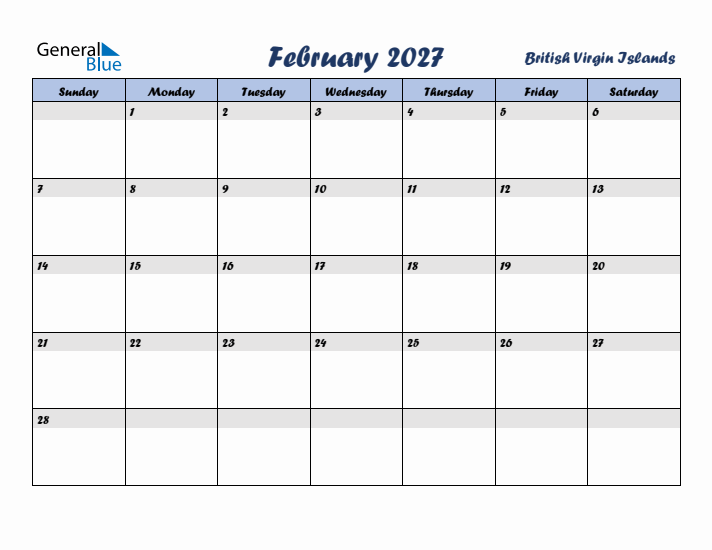 February 2027 Calendar with Holidays in British Virgin Islands