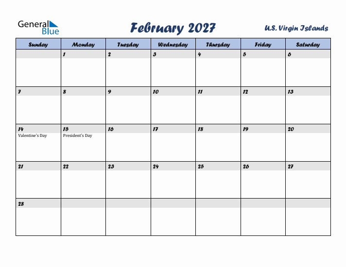 February 2027 Calendar with Holidays in U.S. Virgin Islands