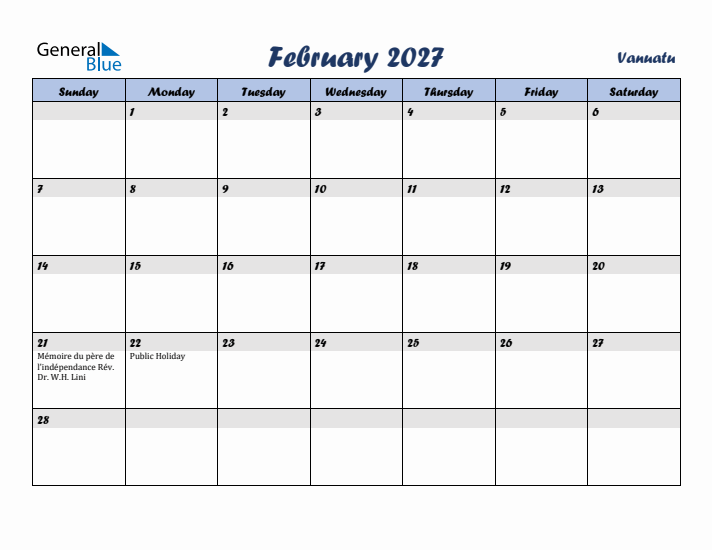 February 2027 Calendar with Holidays in Vanuatu