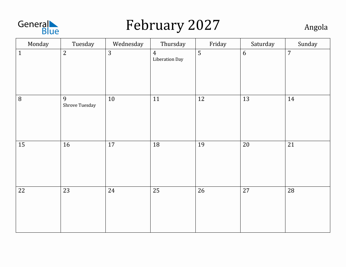 Angola Monthly Calendar February 2027 Monday Start Angola Monthly Calendar February 2027 Monday Start