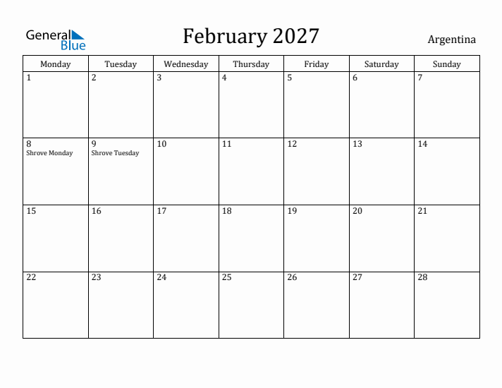 February 2027 Calendar Argentina