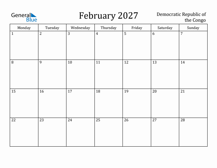 February 2027 Calendar Democratic Republic of the Congo