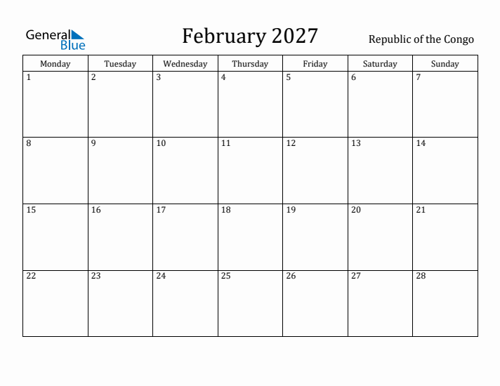 February 2027 Calendar Republic of the Congo