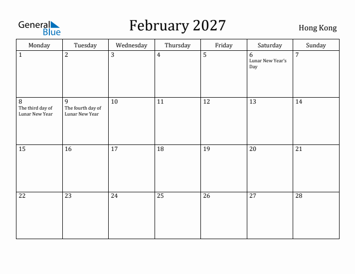 February 2027 Calendar Hong Kong
