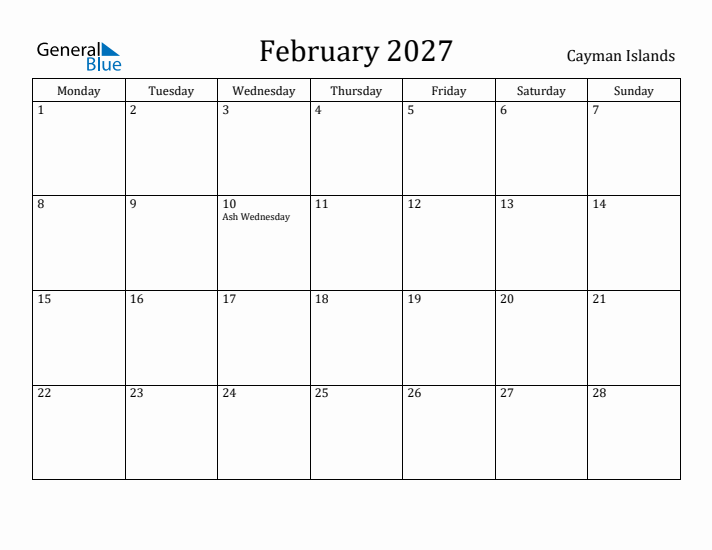 February 2027 Calendar Cayman Islands