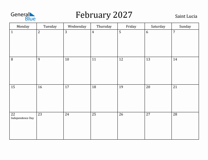 February 2027 Calendar Saint Lucia