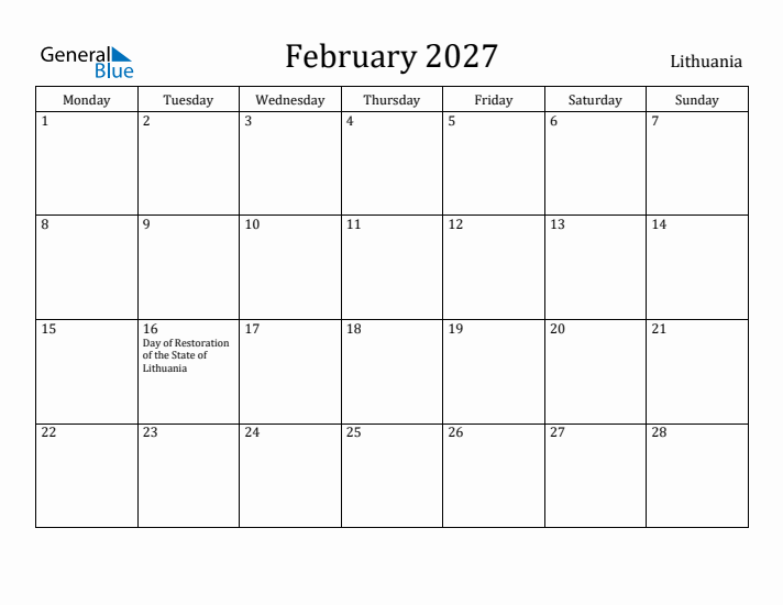 February 2027 Calendar Lithuania