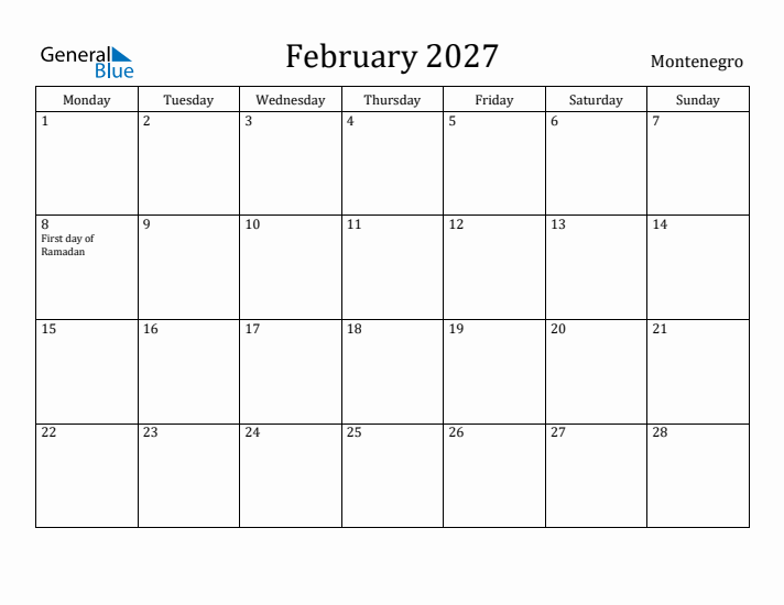 February 2027 Calendar Montenegro