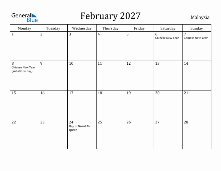 February 2027 Calendar Malaysia