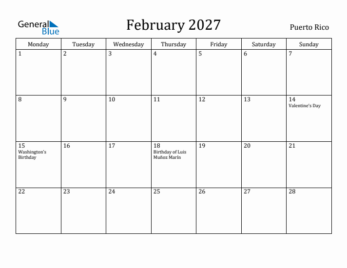February 2027 Calendar Puerto Rico