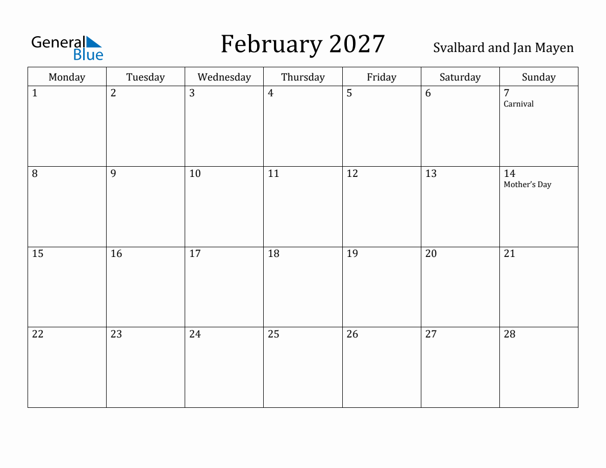Svalbard and Jan Mayen Monthly Calendar - February 2027 (Monday Start)