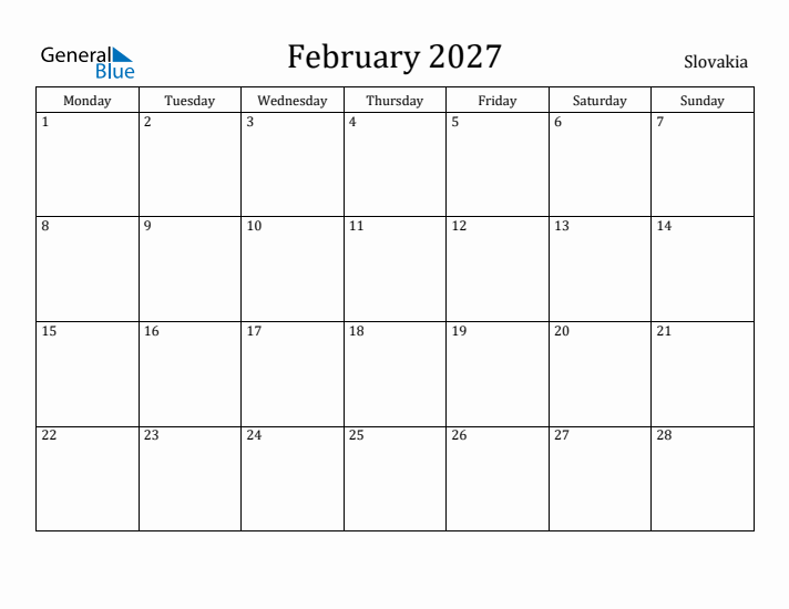 February 2027 Calendar Slovakia