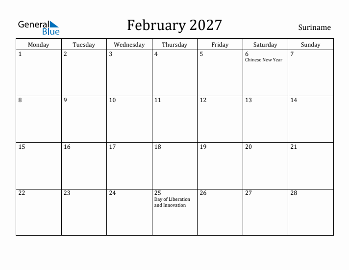 February 2027 Calendar Suriname