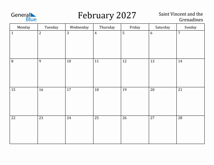 February 2027 Calendar Saint Vincent and the Grenadines