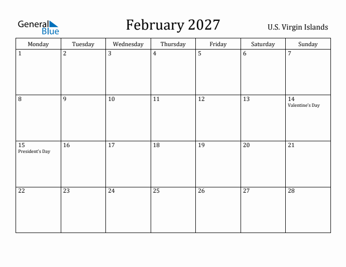 February 2027 Calendar U.S. Virgin Islands