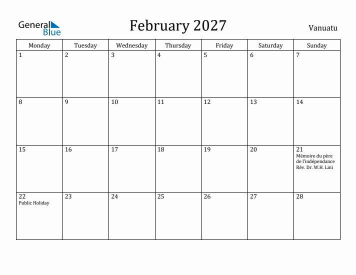February 2027 Calendar Vanuatu