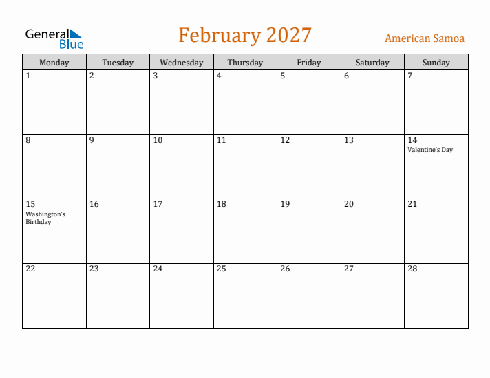 February 2027 Holiday Calendar with Monday Start