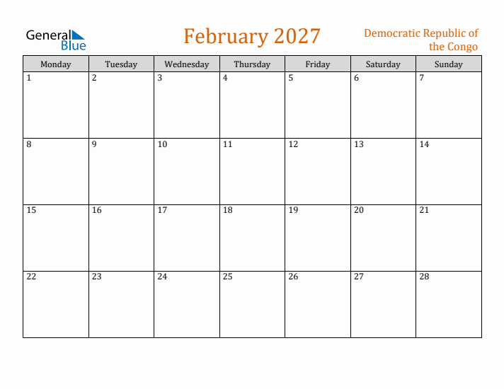 February 2027 Holiday Calendar with Monday Start