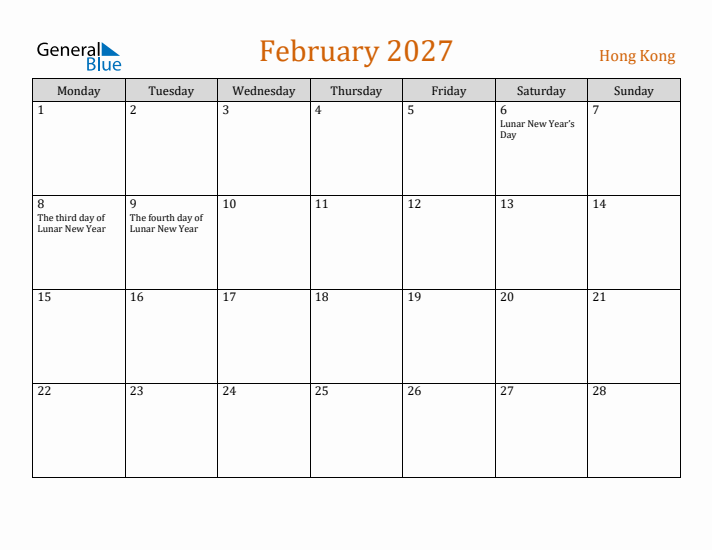 February 2027 Holiday Calendar with Monday Start