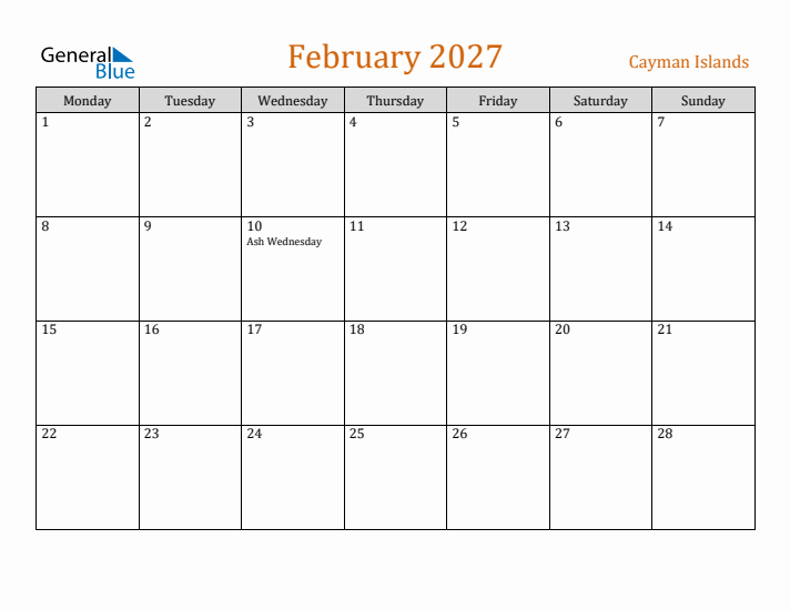 February 2027 Holiday Calendar with Monday Start