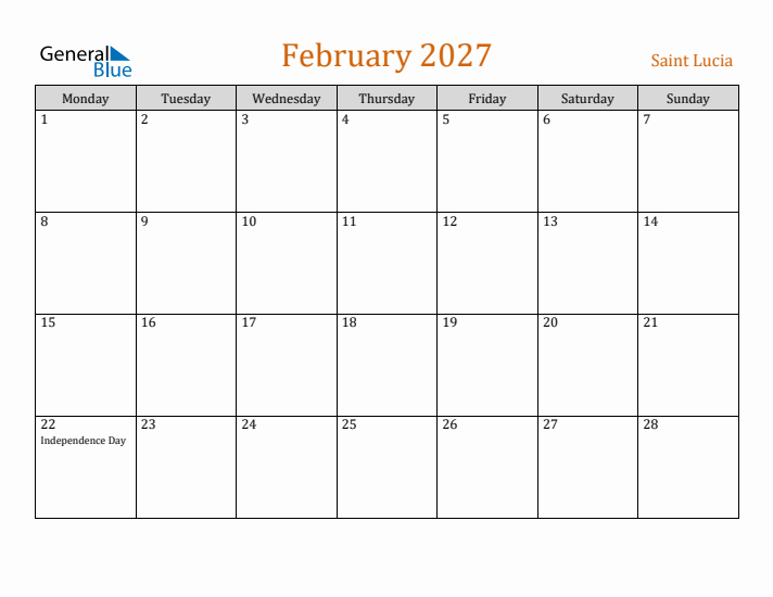 February 2027 Holiday Calendar with Monday Start
