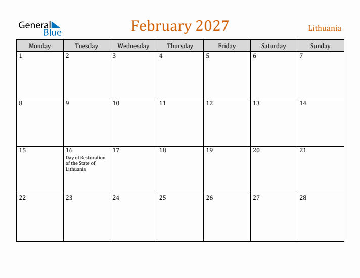 February 2027 Holiday Calendar with Monday Start