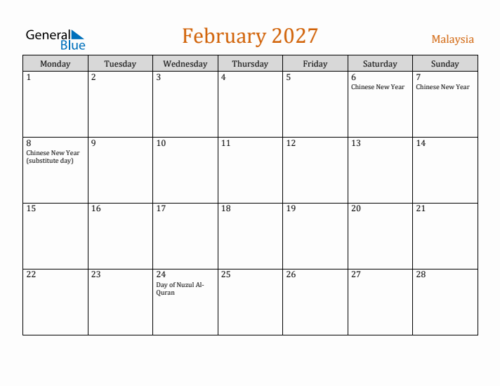 February 2027 Holiday Calendar with Monday Start
