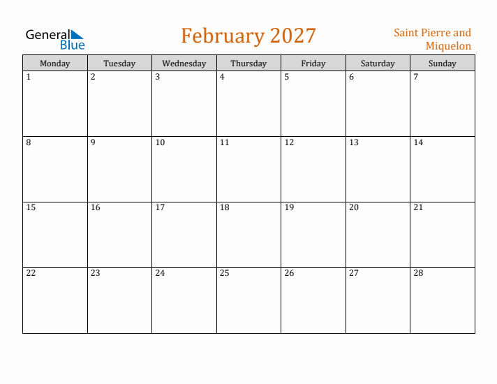 February 2027 Holiday Calendar with Monday Start