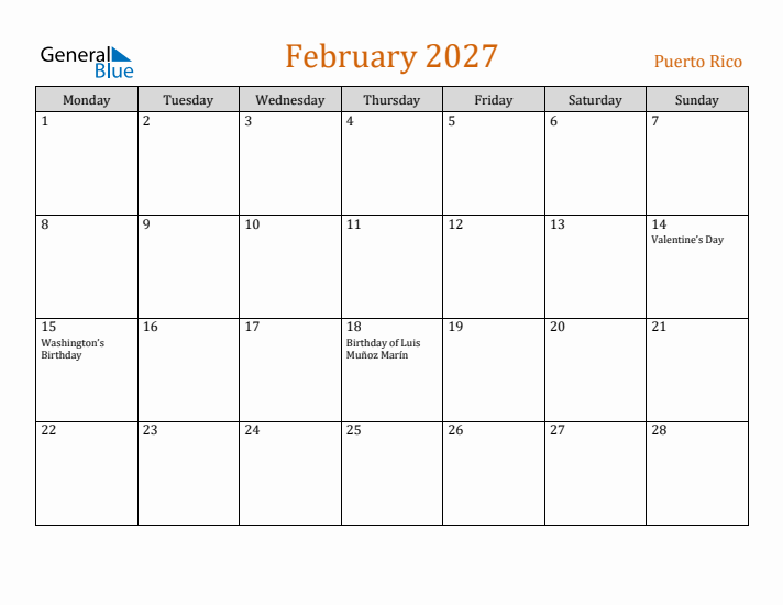 February 2027 Holiday Calendar with Monday Start
