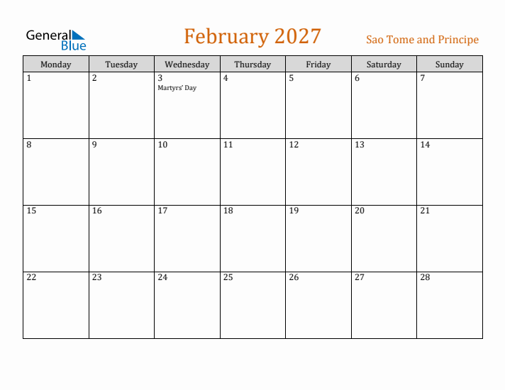 February 2027 Holiday Calendar with Monday Start