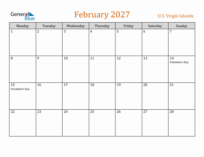 February 2027 Holiday Calendar with Monday Start